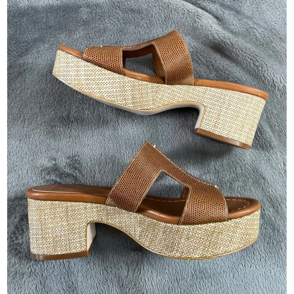 Donald Pliner Disco Platform Sandals 9.5 Brown Snake Embossed Raffia Slides